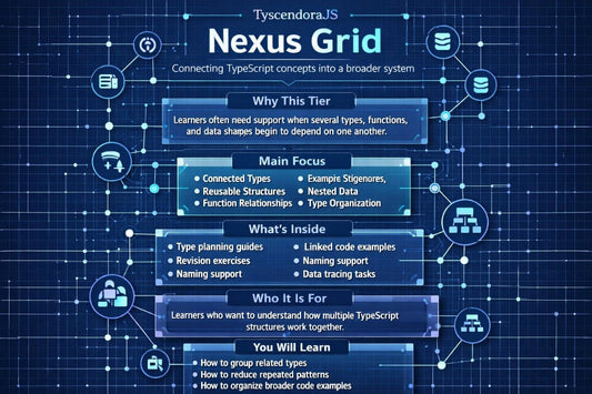 Tyscendora.JS Nexus Grid diagram on a blue background with network-like design