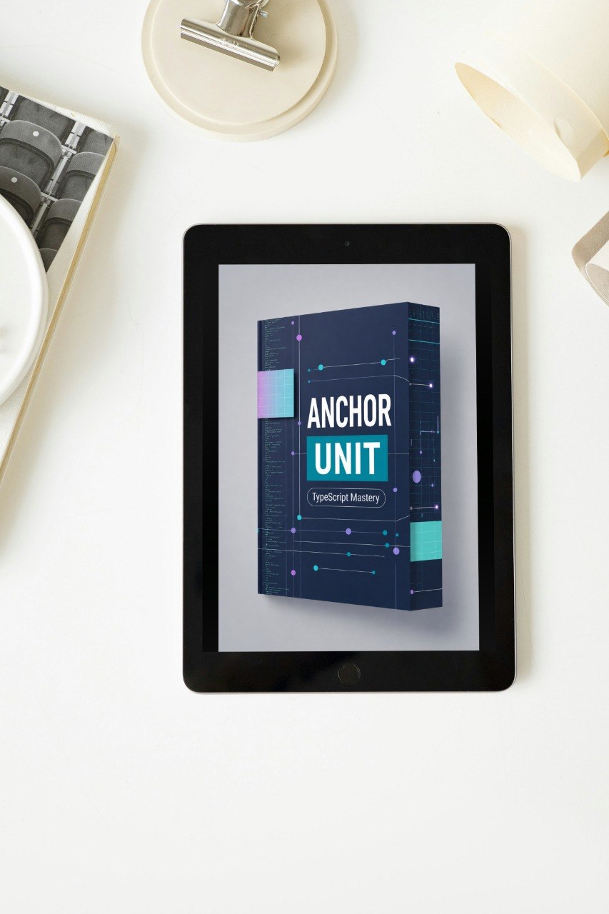 Digital tablet displaying an 'Anchor Unit' graphic on a white surface with office items.