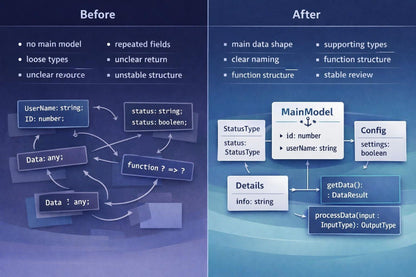 Before and after comparison of data model design on a blue background