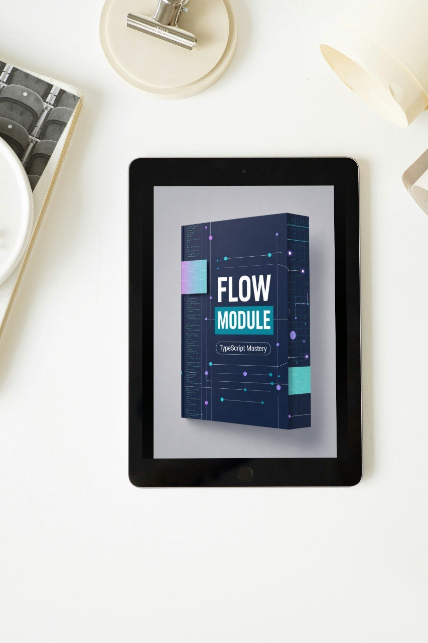 Tablet displaying a 'Flow Module' on a white surface with a lamp and book in the background.