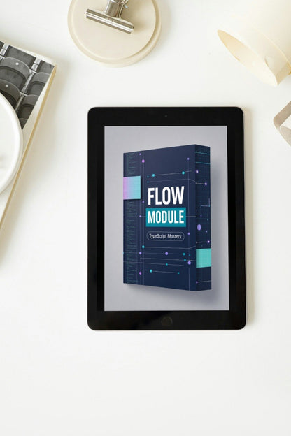 Tablet displaying a 'Flow Module' on a white surface with a lamp and book in the background.