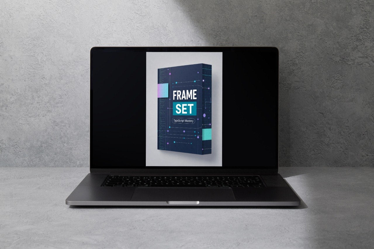 Laptop displaying a product image with 'FRAME SET' text on a gray background
