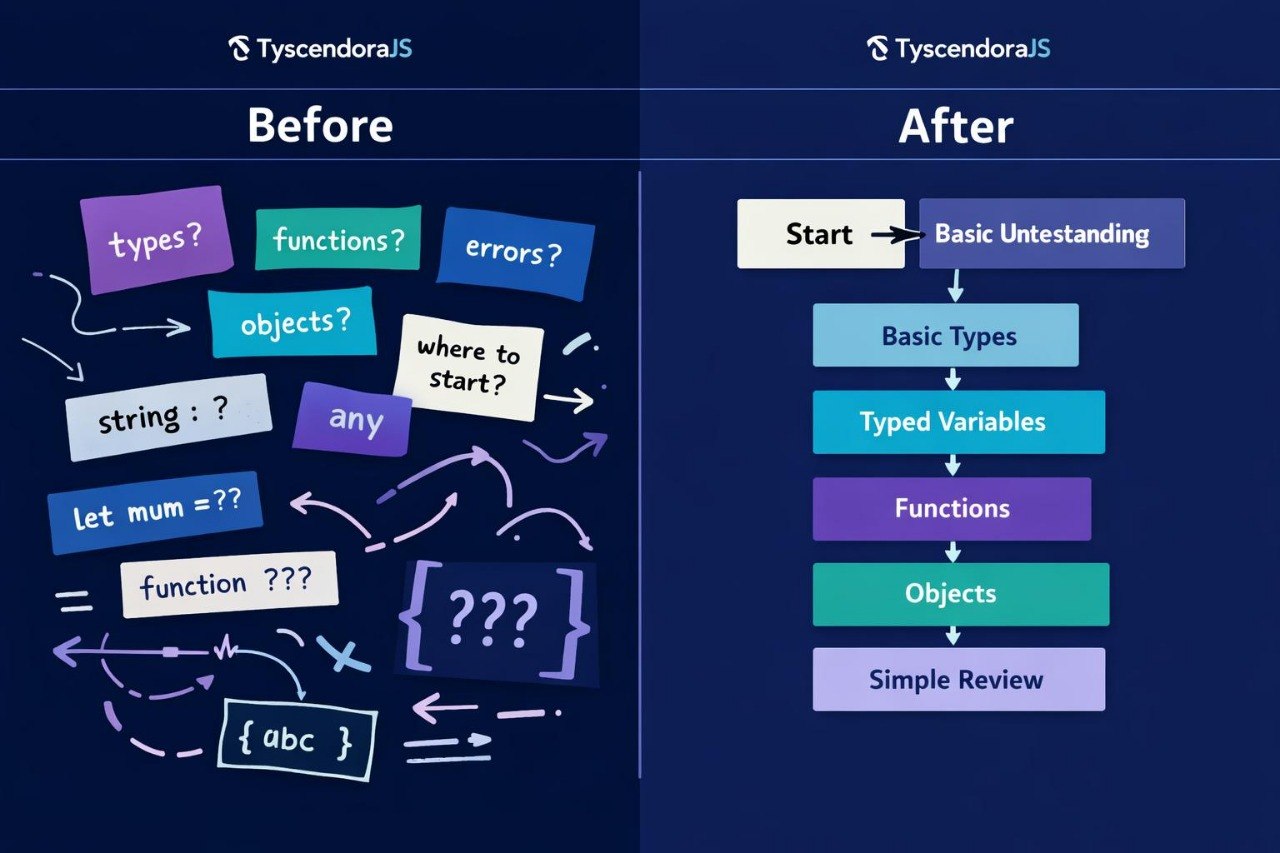 Comparison chart showing 'Before' and 'After' educational content on a blue background with TyscendoraJS branding.