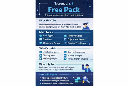 Tyscendora JS Free Pack promotional graphic with text and icons on a blue and white background