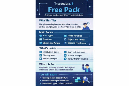 Tyscendora JS Free Pack promotional graphic with text and icons on a blue and white background