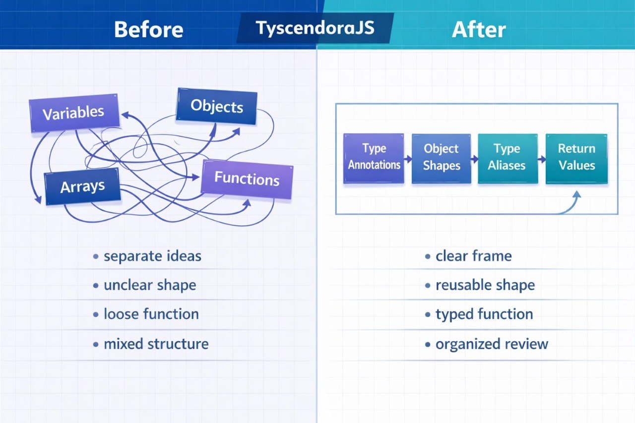 Comparison of code structure before and after using TyscendoraJS, with labeled components on a blue and white background.