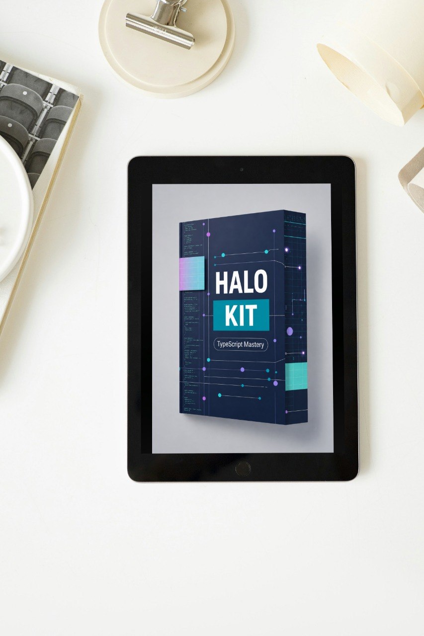 Tablet displaying a 'HALO KIT' app on a white surface with a lamp and book in the background.