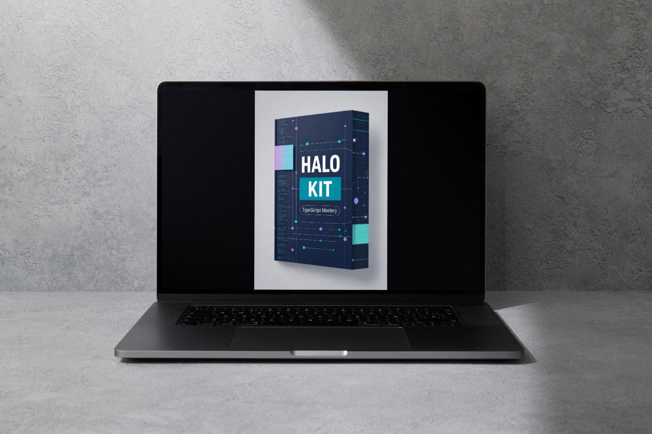 Laptop displaying a 'HALO KIT' on a gray surface with a gray background