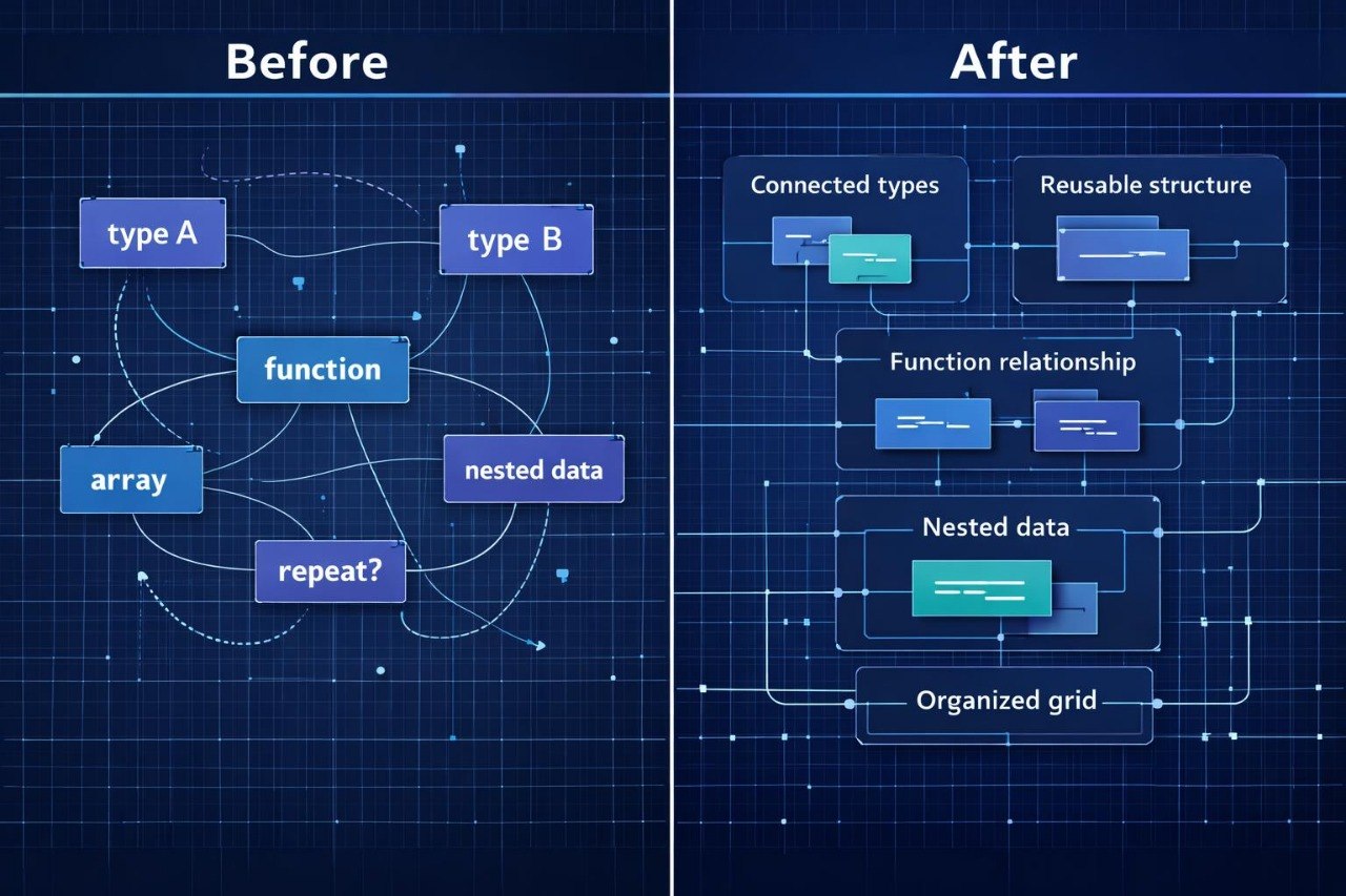 Before and after comparison of a diagram on a blue grid background