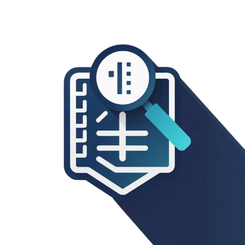 Icon of a magnifying glass over a document with a blue and white color scheme on a white background.