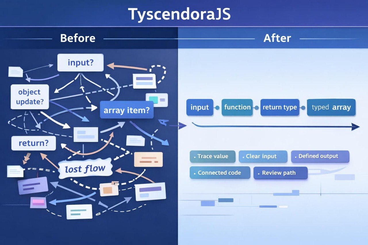 Comparison of complex flowchart before and after simplification with 'TyscendoraJS' on a blue background.