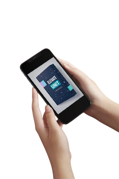 Hand holding a smartphone with a digital display on a white background