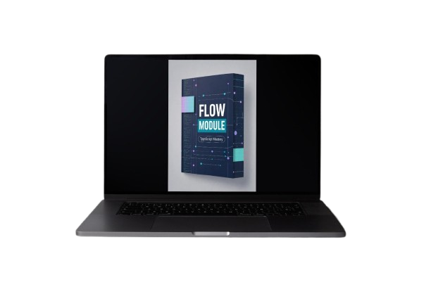 Laptop displaying a 'Flow Module' book cover on a white background