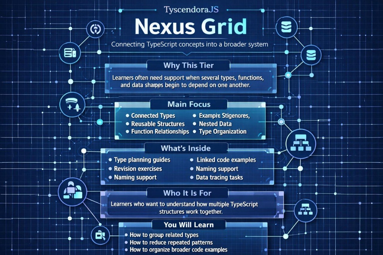 Tyscendora.JS Nexus Grid diagram on a blue background with network-like design