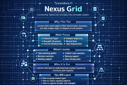 Tyscendora.JS Nexus Grid diagram on a blue background with network-like design