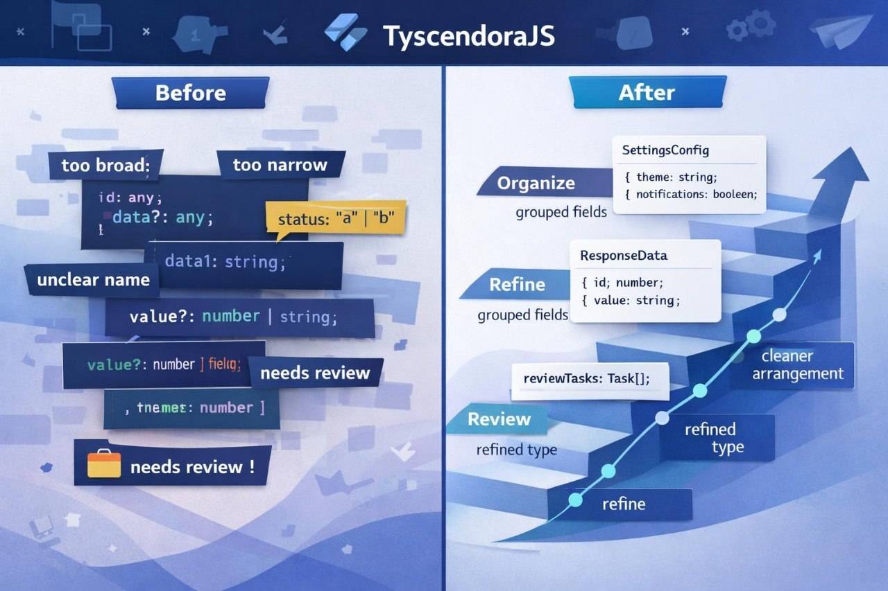Comparison of code snippets labeled 'Before' and 'After' with TyscendoraJS branding.