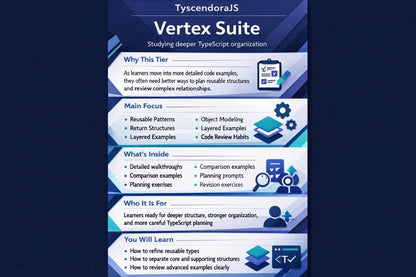 Promotional graphic for TyscendoraJS Vertex Suite on a blue background
