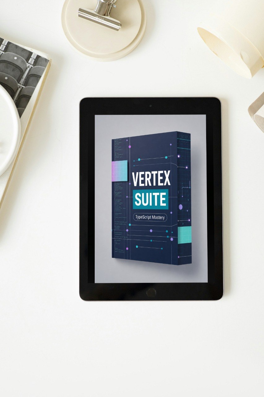 Tablet displaying the 'Vertex Suite' on a white surface with a lamp and book in the background.